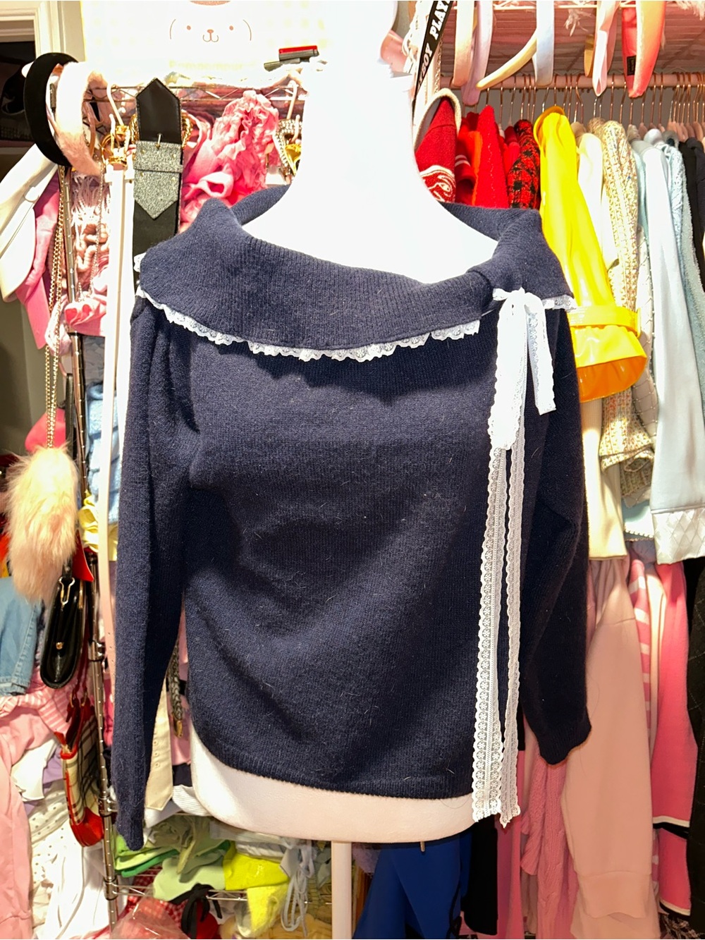 Off-Shoulder Navy Lace-Trim Sweater with Bow